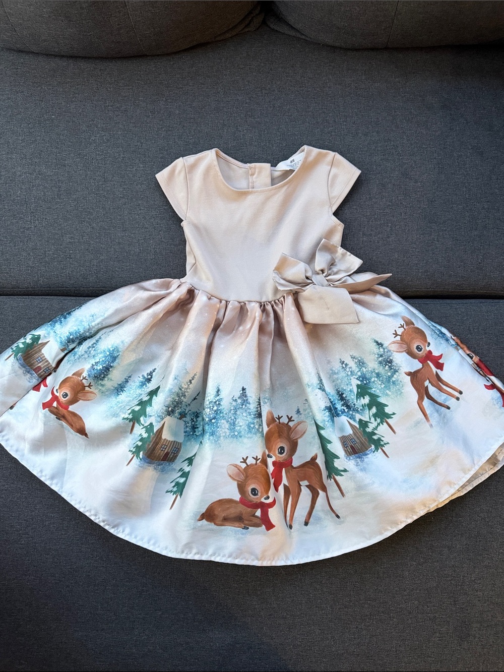 H&M Girls Christmas Reindeer Winter Scene Party Dress Size 5-6